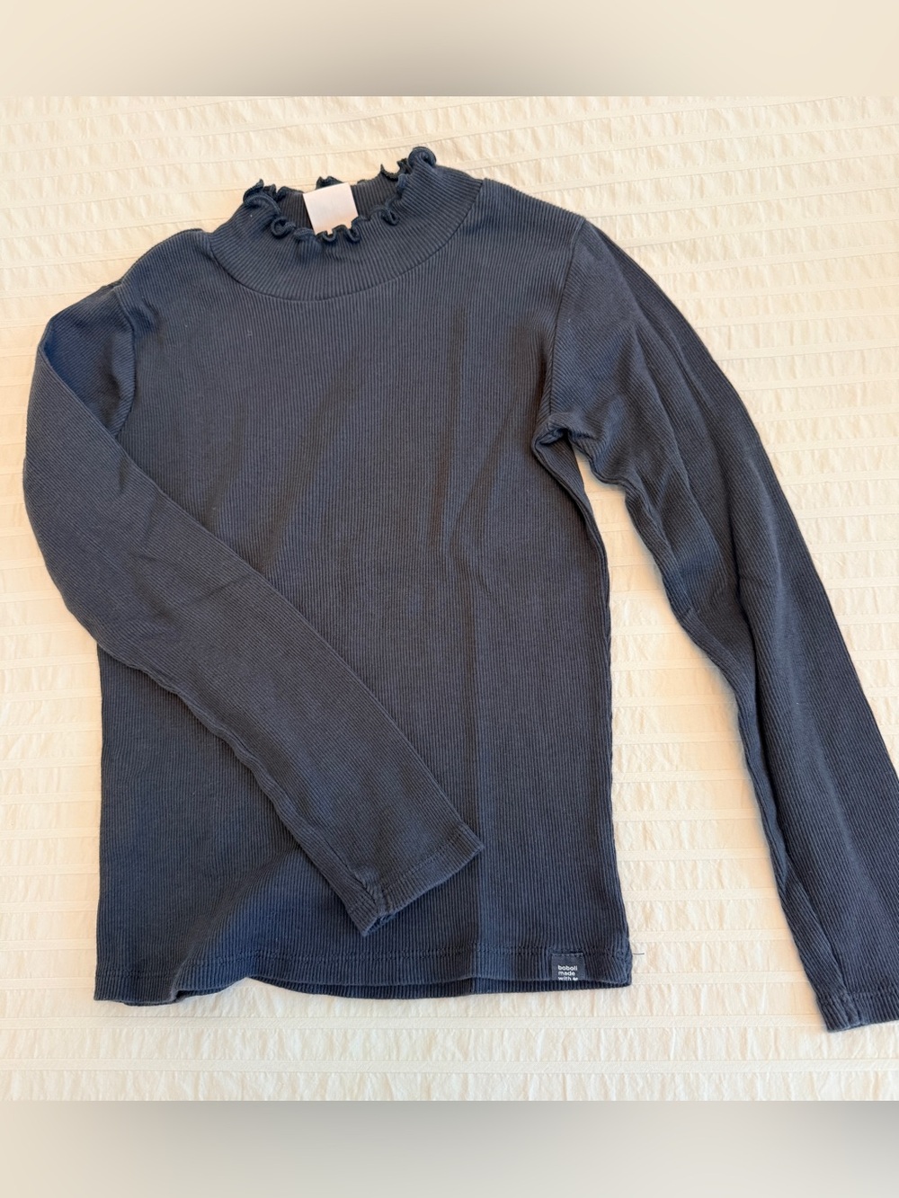 Boboli Girls' Navy Long-Sleeve Ribbed Tee with Ruffle Neck. Size:8